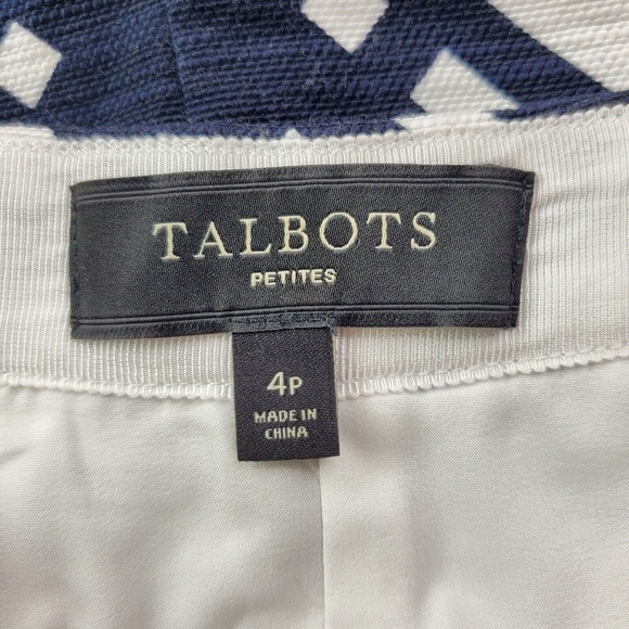 CC - Talbots Women 4P Petite Skirt Navy Blue White Abstract Print Exposed Zipper - Picture 3 of 5